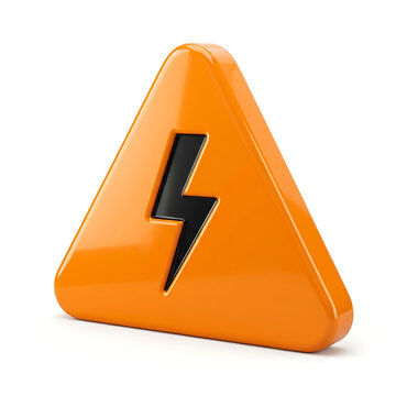 Orange triangle warning sign with black lightning bolt isolated on transparent background