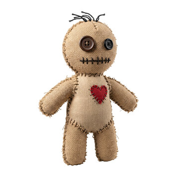 Burlap voodoo doll with button eyes stitched mouth and a red heart
