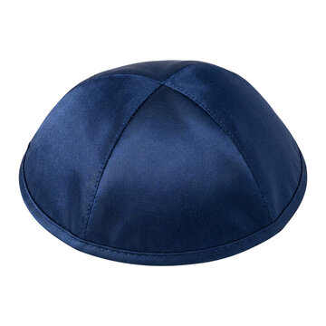 Navy blue satin kippah skullcap with a six panel round top
