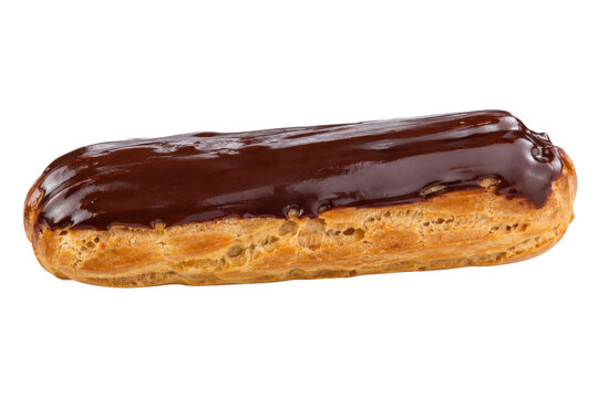 Delicious traditional French chocolate eclair pastry, perfectly baked with a rich, glossy dark chocolate glaze, isolated on a clean white background