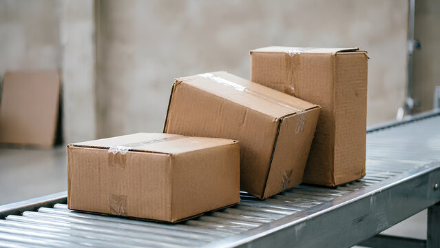 Brown cardboard shipping boxes diligently moving along an automated conveyor belt in a bustling logistics warehouse.