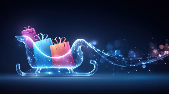 Digital Sleigh with Holiday Gifts. A futuristic, glowing sleigh filled with colorful gift boxes travels through a dark, starry night