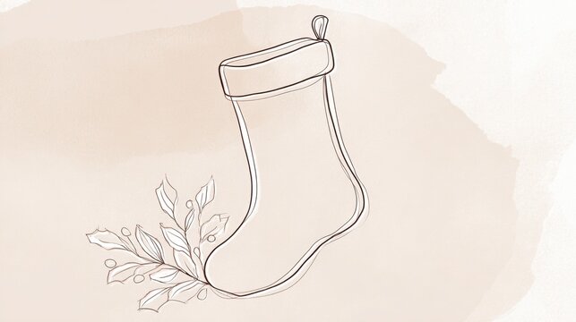 Christmas Stocking Line Art. A minimalist line drawing of a Christmas stocking adorned with holly leaves and berries, evoking a festive holiday spirit