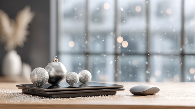 Christmas Ornaments on Tablet. Silver Christmas ornaments are placed on a tablet device with a blurred snowy background and bokeh lights