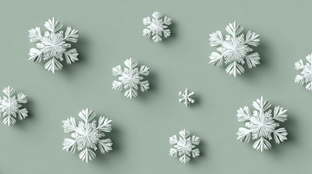 Winter Holiday Snowflakes Decoration. Delicate white paper snowflakes are scattered across a muted green background, evoking a festive winter holiday atmosphere