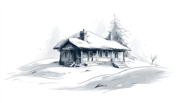 Cozy Winter Cabin Illustration. A charming hand-drawn sketch depicts a snow-covered cabin nestled in a serene winter landscape, evoking holiday warmth and tranquility