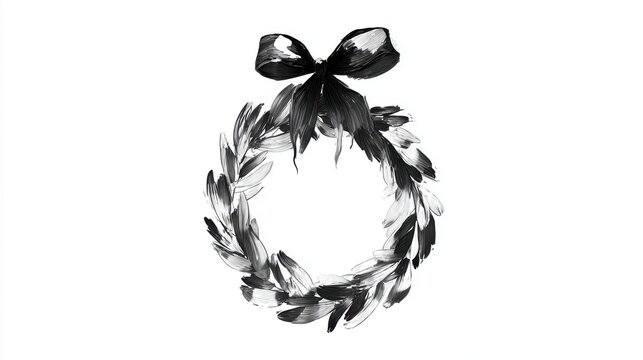 Christmas Wreath With Black Bow. A hand-drawn black and white illustration of a festive wreath adorned with a large bow, perfect for holiday greetings