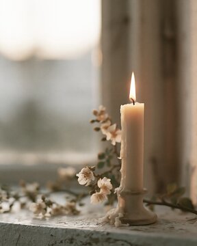 Burning candle in window with white blossom branch, domestic remembrance ritual