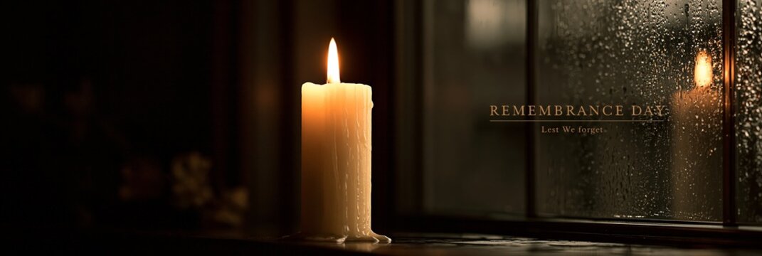 Remembrance Day candle burning in window with rain on glass, dark interior scene for commemoration