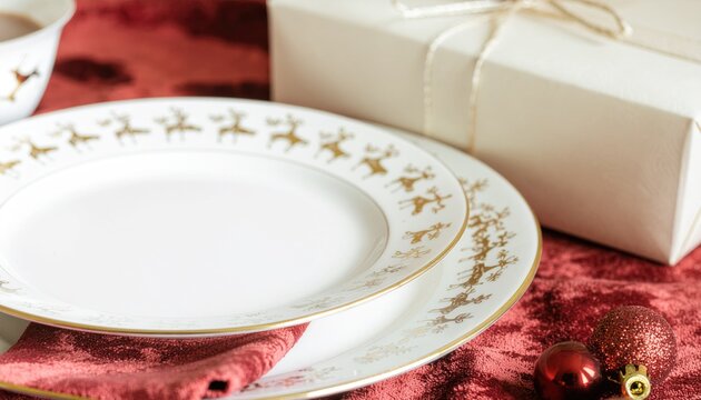 Vintage Christmas dinner plate with deer pattern, gold cutlery, cup of cacao drink, gift box, baubles on red background