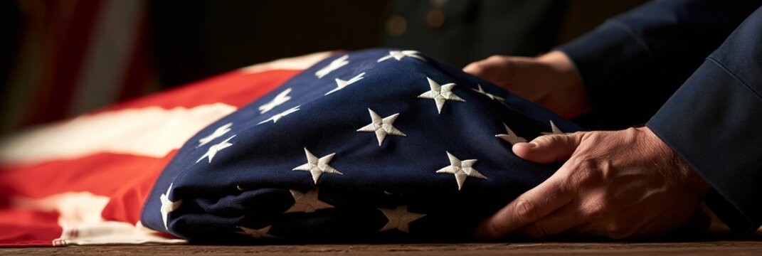 Ceremonial flag folding, hands holding folded national flag with reverence. Memorial tribute symbol for solemn military funeral or patriotic commemoration