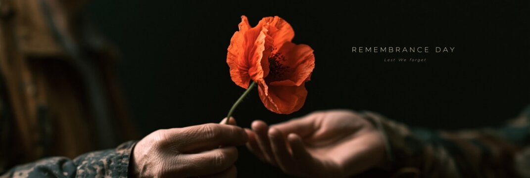 Soldier hands passing red poppy flower, Remembrance Day concept, Lest We Forget
