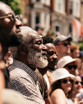 Diverse group of people watching event outdoors, concentration and community engagement concept