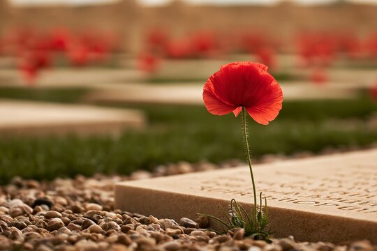Red poppy flower on stone military grave marker at cemetery, symbol of remembrance and veteran memorial