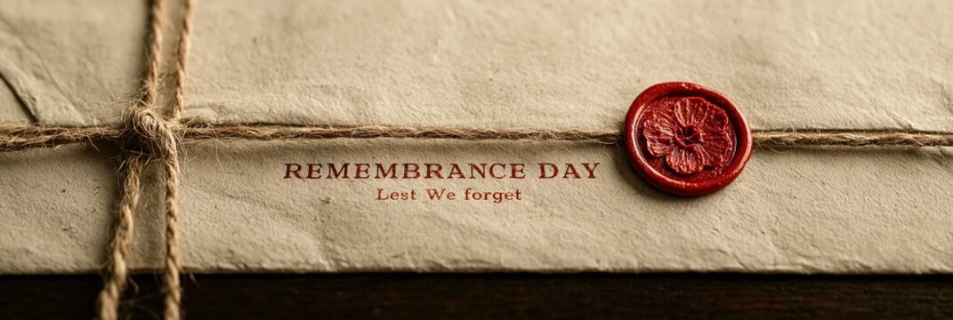 Remembrance Day card with wax seal and twine on textured paper, honoring veterans and military sacrifice