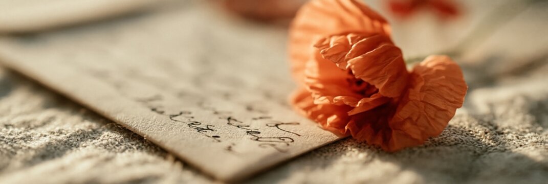 Old handwritten letter with orange poppy flower, vintage paper message for remembrance or historical commemoration