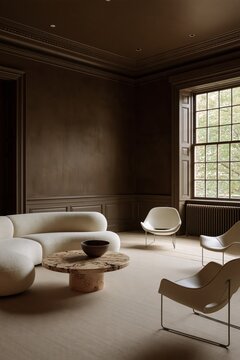 Contemporary living room featuring color drenching tobacco walls, modular ivory wool sofa, and burl wood table. Enveloping interior design provides sophisticated space for modern residential styling