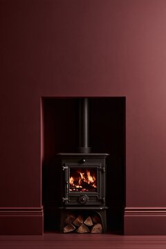 Compact black wood stove centered in color drenched living room with matte blackberry walls and firewood niche. Cozy townhouse interior design for modern home heating solutions, color drenching style