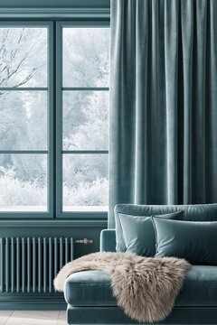 Color drenching living room interior with petrol blue walls, sofa, and radiator. Energy efficiency home concept