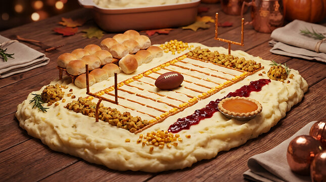 Thanksgiving dinner football stadium food display made with mashed potatoes and stuffing