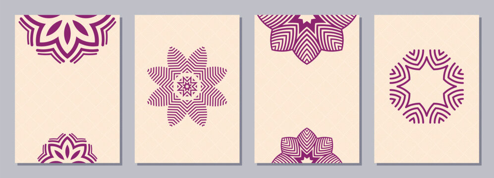 Set of four beige color cards or flyers with purple simple ethnic mandala ornament. Abstract mandala flyer design. Decorative pattern with ornate texture, tribal ethnic oriental motif. Vector design.