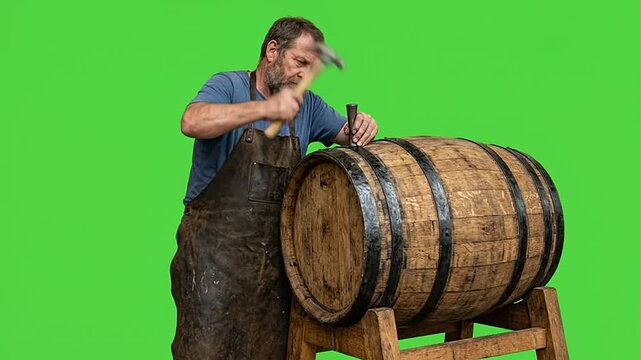Skilled cooper hammering a wooden wine barrel on green screen
