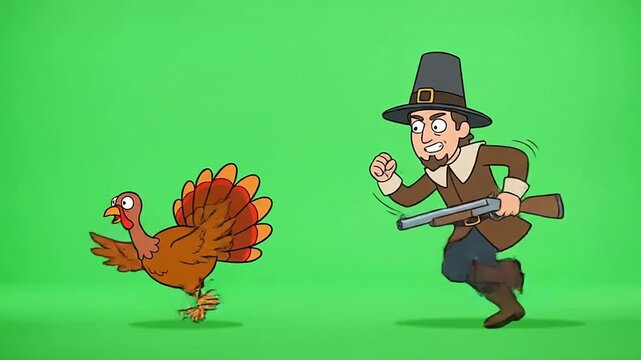 Cartoon pilgrim chasing a turkey animation on green screen