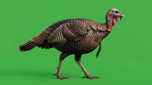 Wild turkey walking in profile on green screen background