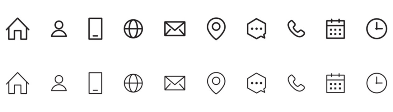 Minimalist line contact icons set, black outline web communication symbols, essential website contact us icon set for user interface design