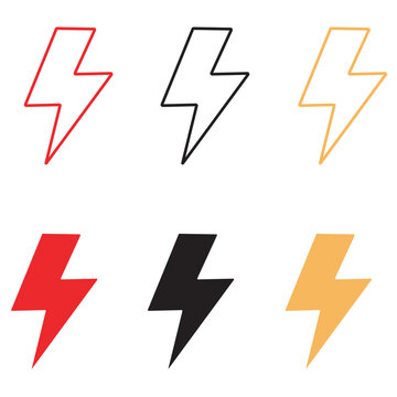 Minimalist lightning bolt icon set, electric flash symbols in red black yellow, power line art vector graphic