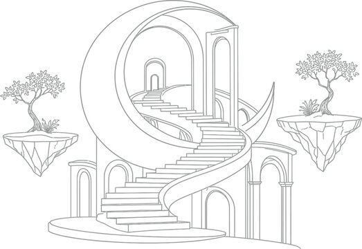 Architectural staircase with floating islands and circular backdrop rendered in line art