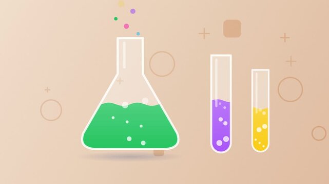 Laboratory flask and test tubes animation, bubbling green liquid chemical reaction, chemistry science concept