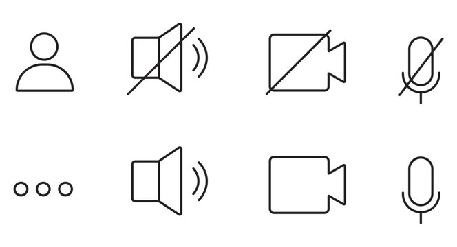 Minimalist video conference line icons set, online meeting user interface elements, outline camera mute and audio symbols