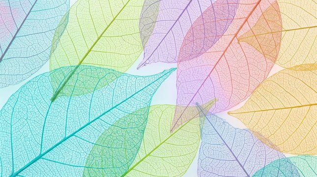 Macro texture of leaf veins skeleton background with turquoise and yellow, Many transparent silhouettes of skeleton leaves on multi-colored blue violet lilac and pink background