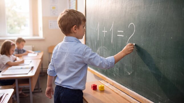 Curious elementary school boy writing simple addition math equations on large classroom chalkboard