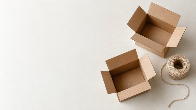 Two open cardboard boxes and a coil of twine arranged on a white surface