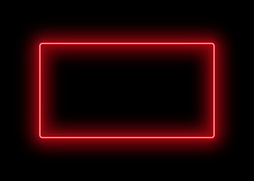 Red Neon Rectangle Frame with Glowing Electric Light Border, Rounded Corners and Bright Red Halo on Black Background for Futuristic Digital Design and Templates