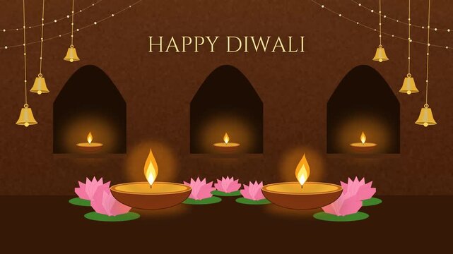 Animated Diwali greeting card featuring glowing oil lamps on lotus flowers against a traditional architectural background with hanging bells and arches.