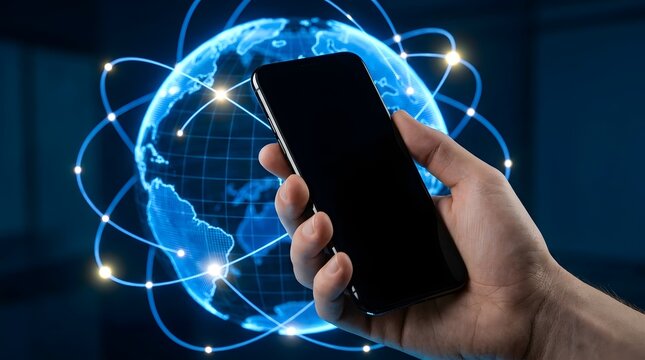 Close up of a hand holding a generic smartphone against a glowing digital earth globe with global communication network links, representing worldwide internet connectivity and future technology.