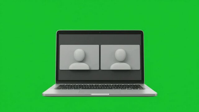 Modern laptop showing video call interface against green screen