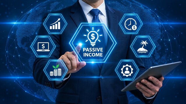 Passive Income Concept with Businessman Touching Glowing Hexagon Icons, Tablet and Financial Growth Symbols