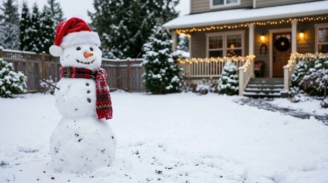 Snowman wearing a red santa hat and scarf in front of a decorated house. Winter holiday yard scene