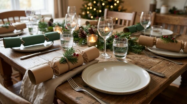 Eco friendly Christmas table setting with craft paper crackers and candles. Rustic holiday place setting with evergreen garland on wooden table