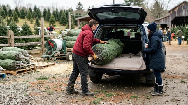 Couple loading a netted Christmas tree into car trunk at tree farm. Buying a real holiday evergreen pine tree outdoors