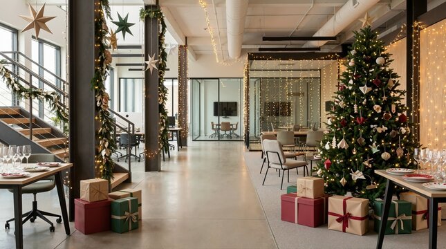 Modern office interior decorated for Christmas with a large tree and string lights. Corporate holiday party setup