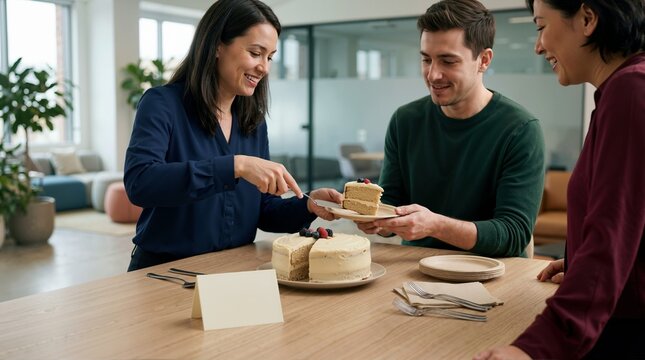 Office workers celebrating birthday with cake in modern workplace. Businesswoman serving cake slice to colleague. Copy space for text