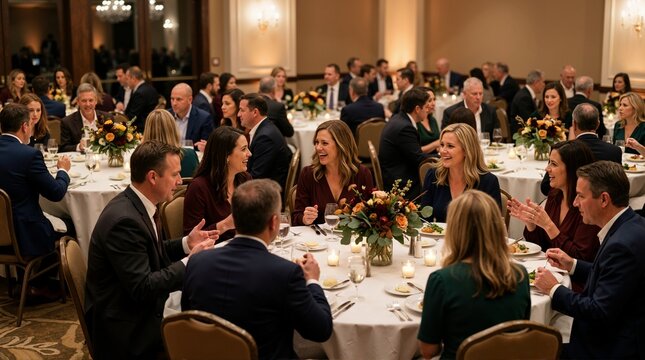 Group of business colleagues enjoying a dinner party in a restaurant. Corporate celebration and networking event