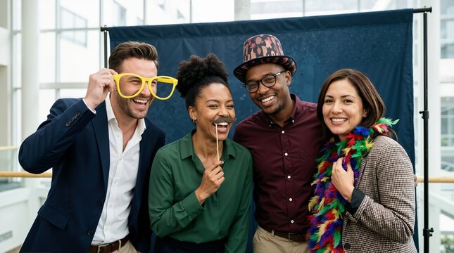 Diverse business team having fun with photo booth props at a corporate party. Smiling coworkers wearing funny glasses and hat