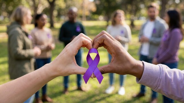 People holding hands around a purple ribbon outdoors for epilepsy awareness month. Healthcare and community support concept