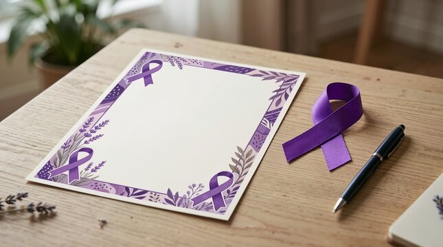 Purple awareness ribbon stationery template on wooden desk. Epilepsy awareness month background with pen and copy space